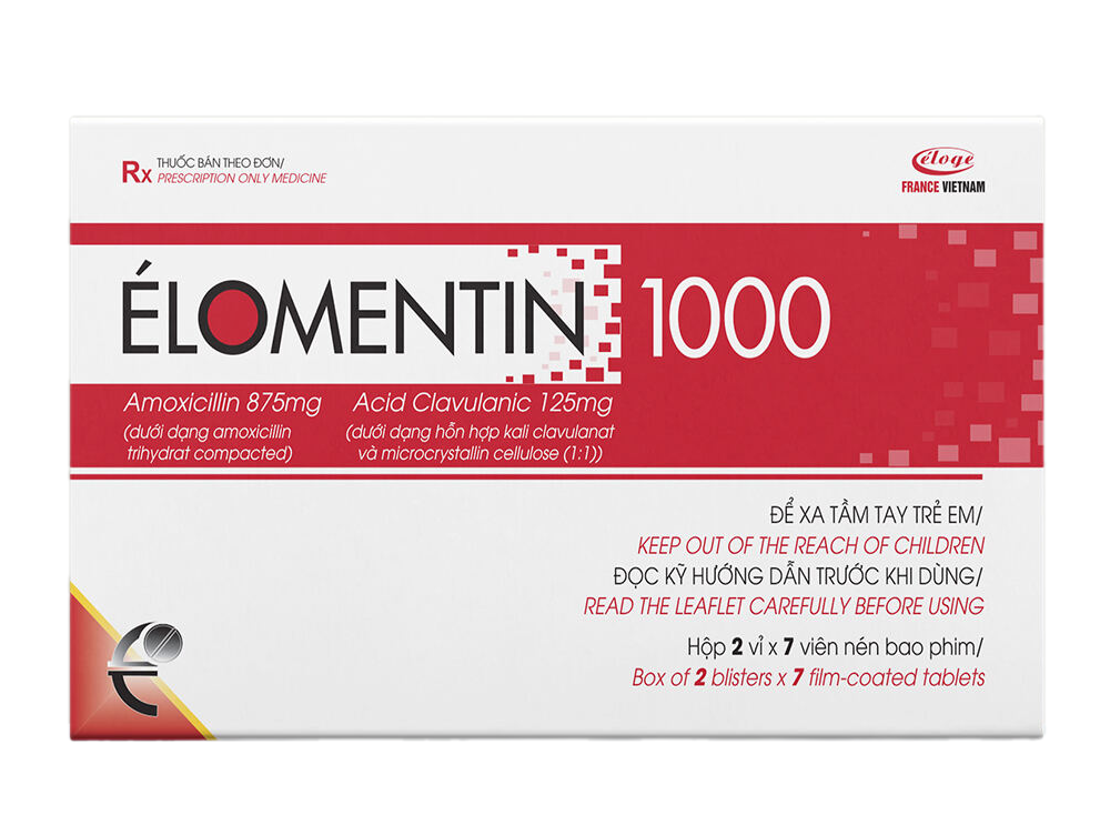 ÉLOMENTIN 1000 (Amoxicillin 875mg + Acid clavulanic 125mg) Hộp 2 vỉ x 7 viên