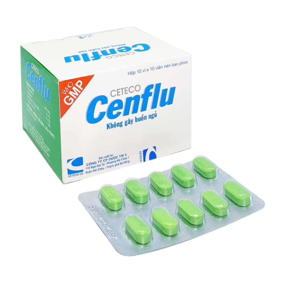 Ceteco Cenflu (Paracetamol 650mg, Loratadine 5mg, Dextromethorphan HBr 15mg) Hộp 10 vỉ x 10 viên