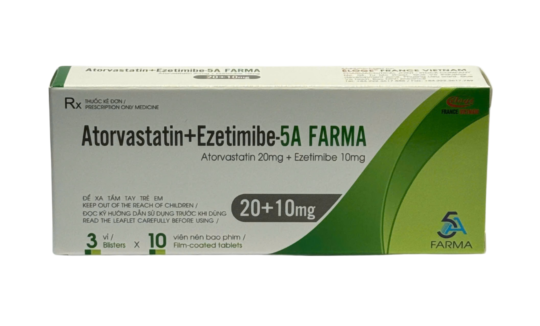 ATORVASTATIN + EZETIMIBE-5A FARMA (Atorvastatin 20mg + Ezetimibe 10mg) Hộp 3 vỉ x 10 viên